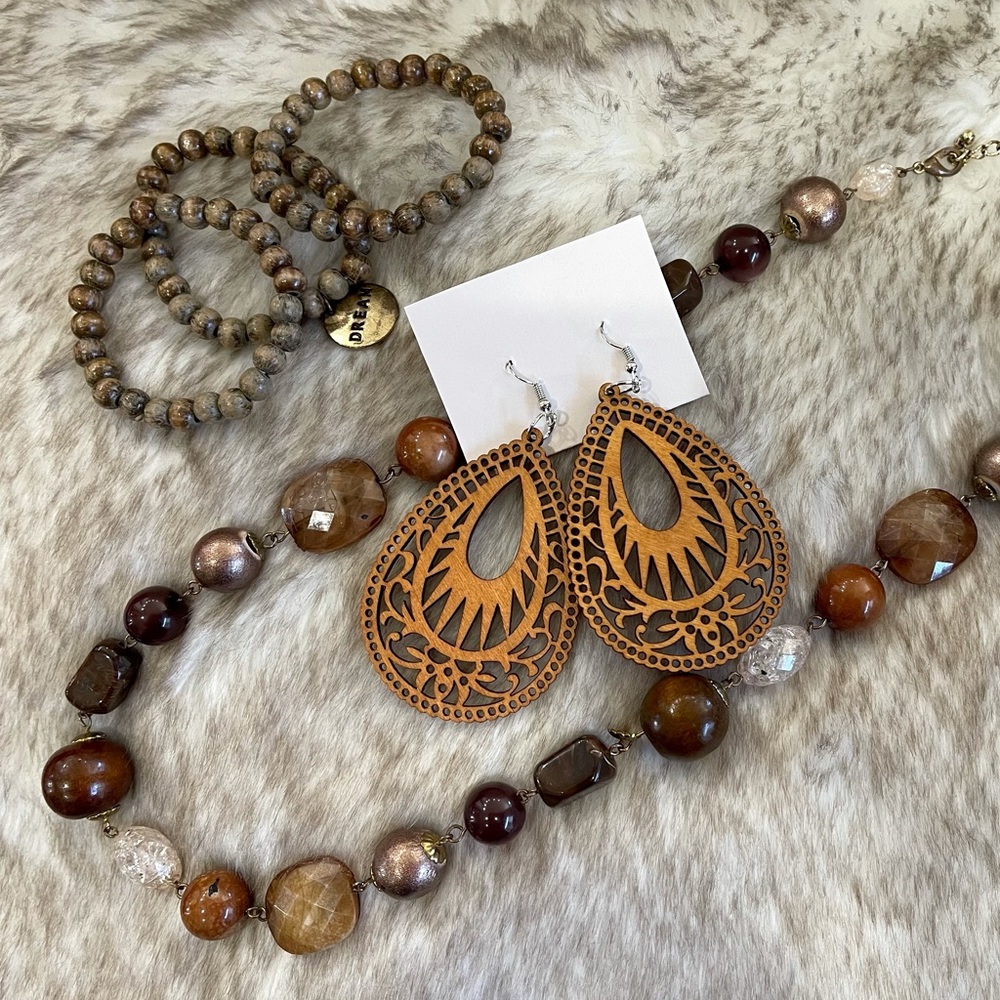 Wooden Teardrop Camel Earrings